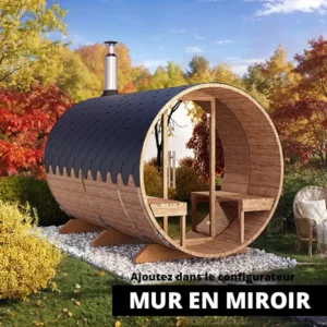 image 3.6m sauna tonneau pour 6 personnes avec terrasse s3v miroir