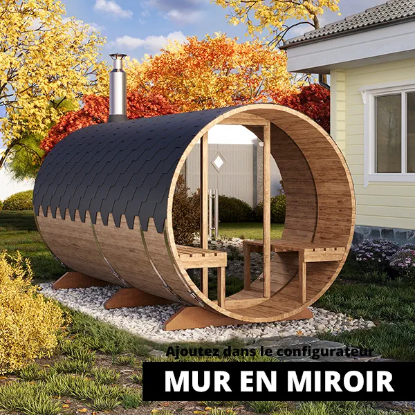 image 4m sauna tonneau avec vestiaire et terrasse pour 4 pers. s4pv miroir