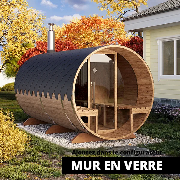 image 4m sauna tonneau avec vestiaire et terrasse pour 4 pers. s4pv verre